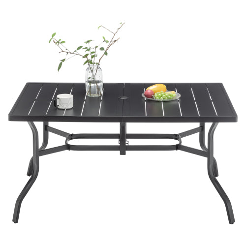 Outdoor Dining Table For 6, Powder-Coated Steel Slat Top With 2.16in Umbrella Hole, Anti-Slip Pads, E-Coating Frame, All-Weather Black Patio Table For Garden, Poolside, Backyard