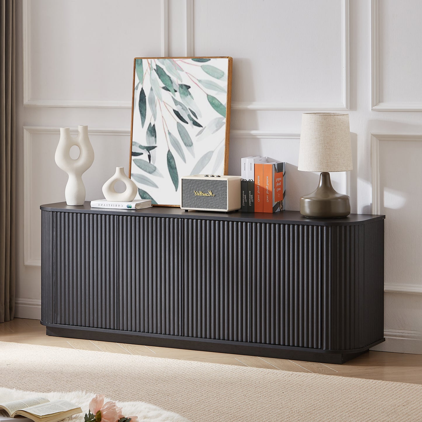 Sideboard Storage Cabinet TV Stand With Wave Pattern Buffet Cabinet Wooden Vertical Striped Cabinet For Kitchen Bedroom Entryway. Black, 64 W X 15 D X 24 H.
