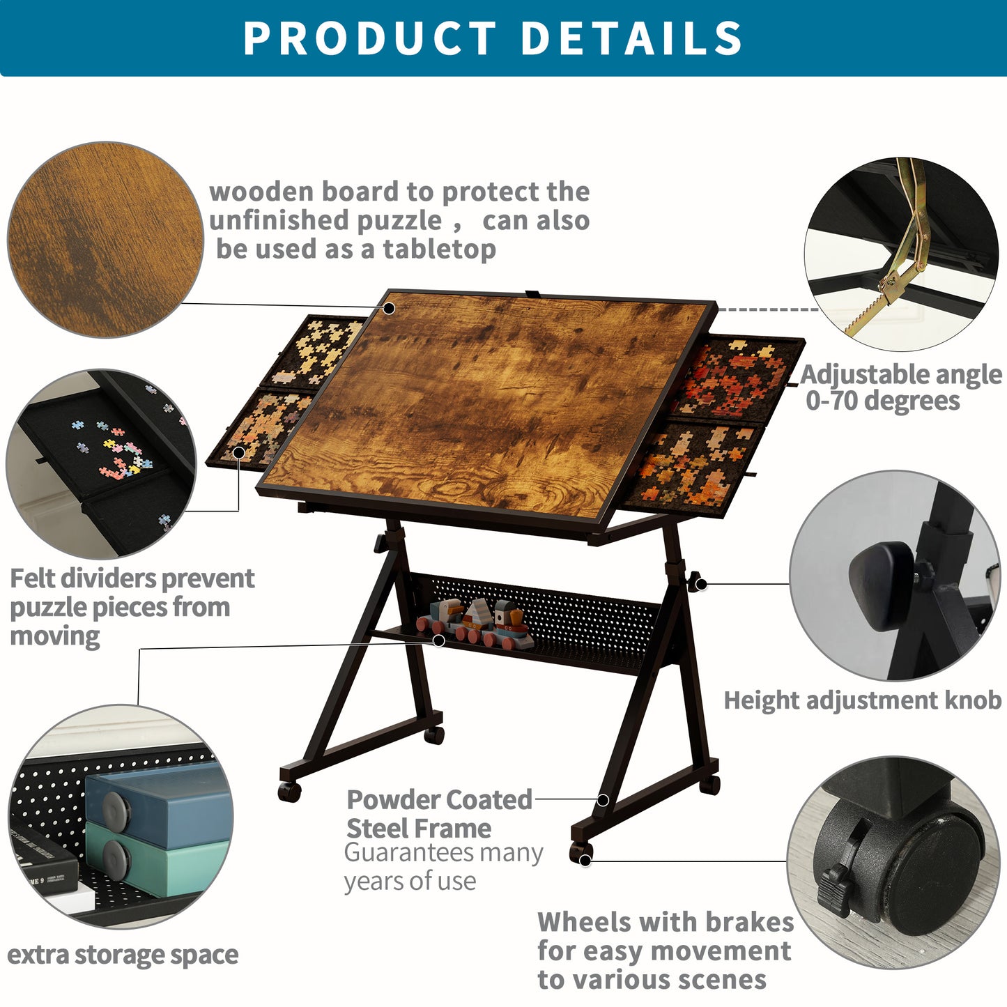 1500 Pieces Jigsaw Puzzle Metal Table Board For Adults Gift With 4 Trays Black
