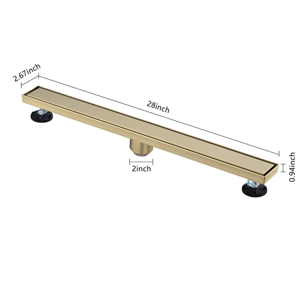 28 Inch Linear Shower Drain With 2-in-1 Flat & Tile Insert Removable Cover, 304 Stainless Steel With Hair Strainer And Leveling Feet, Brushed Gold