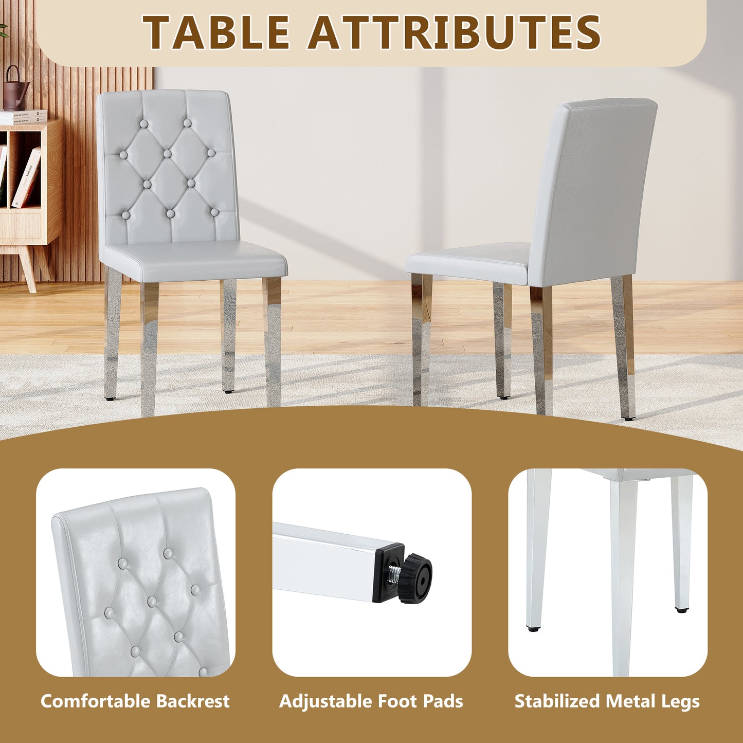 2-piece Set Of Light Grey PU Dining Chairs ,Ergonomically Designed Buckle Backrest, 35 Inches High, Silver Metal Legs, Combining Comfort And Texture.Suitable For Family Restaurants, Banquet Hall, Etc.
