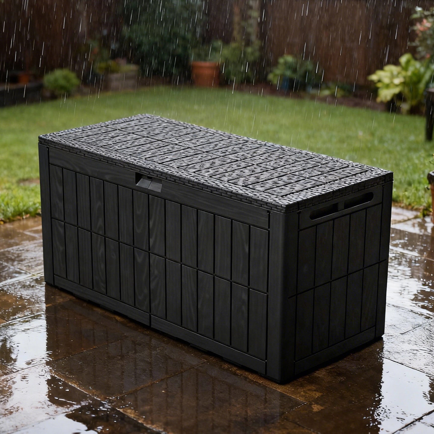 1 0 0 Gallon Outdoor Storage Box Water Proof Resin Deck Box Lockable Storage Bin For Cushion Patio Furniture Pool Accessories Garden Tools Black