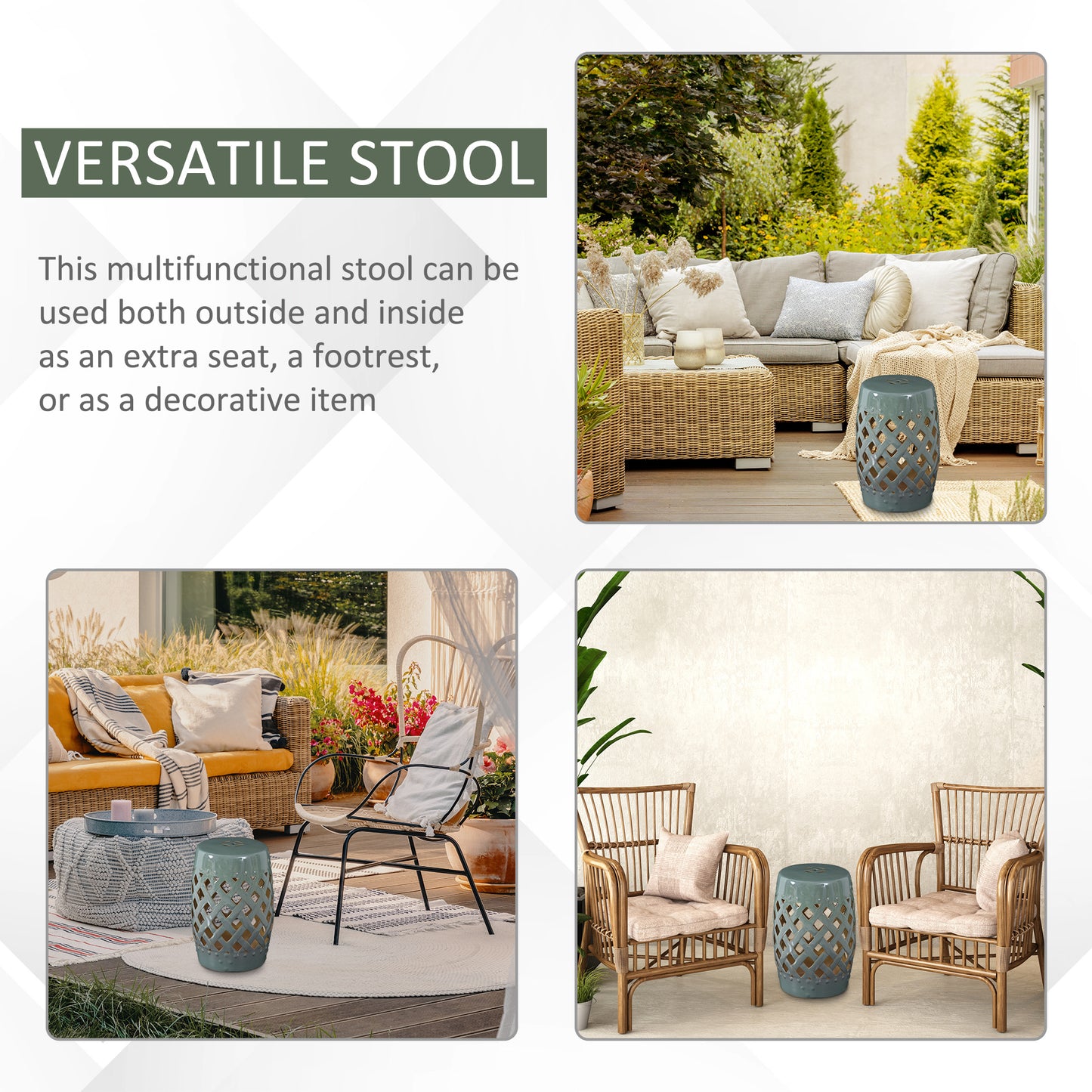 13" X 18" Ceramic Garden Stool With Woven Lattice Design & Glazed Strong Materials Decorative Outdoor Stool, Green