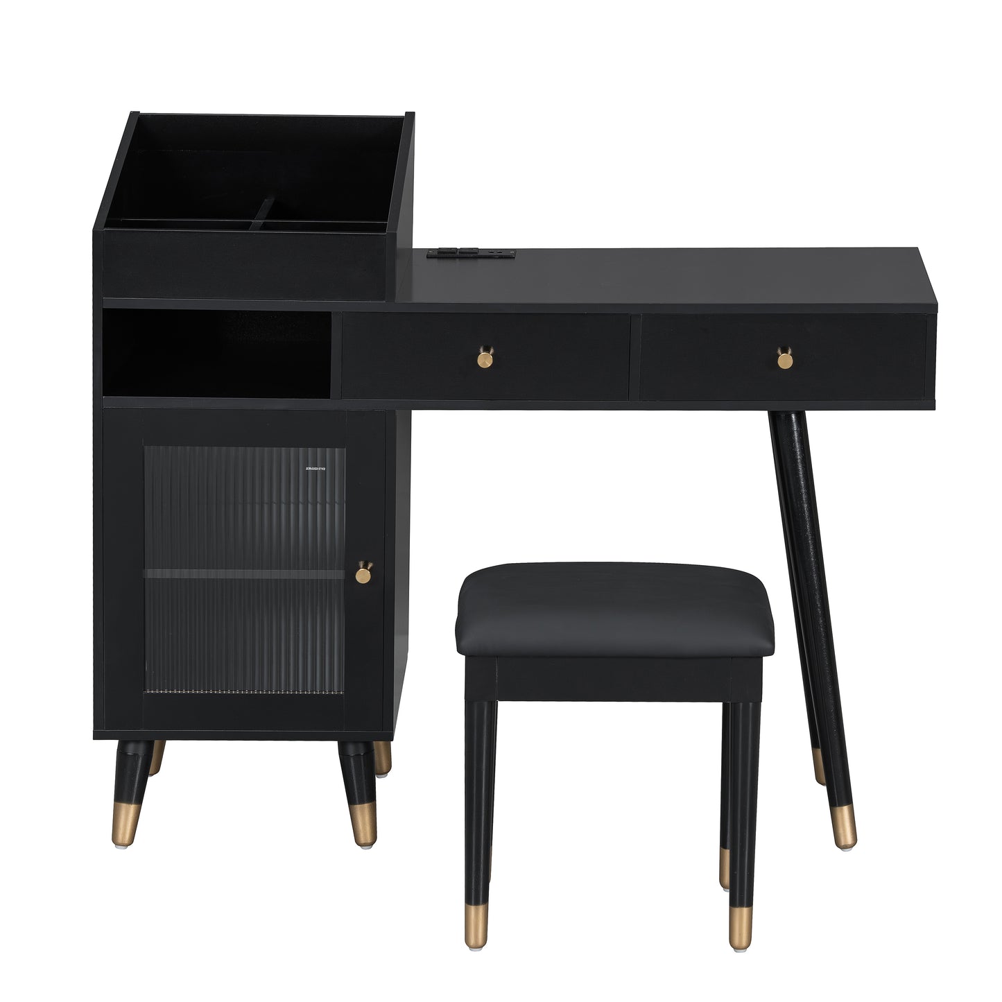 Modern Makeup Vanity Desk With Drawers, Cabinet & Charging Port, Space-saving Dressing Table Set With Stool For Small Places, Black