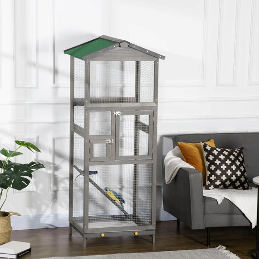 Wooden Bird Cage Outdoor Aviary House For Parrot, Parakeet, With Pull Out Tray And 2 Doors, Grey