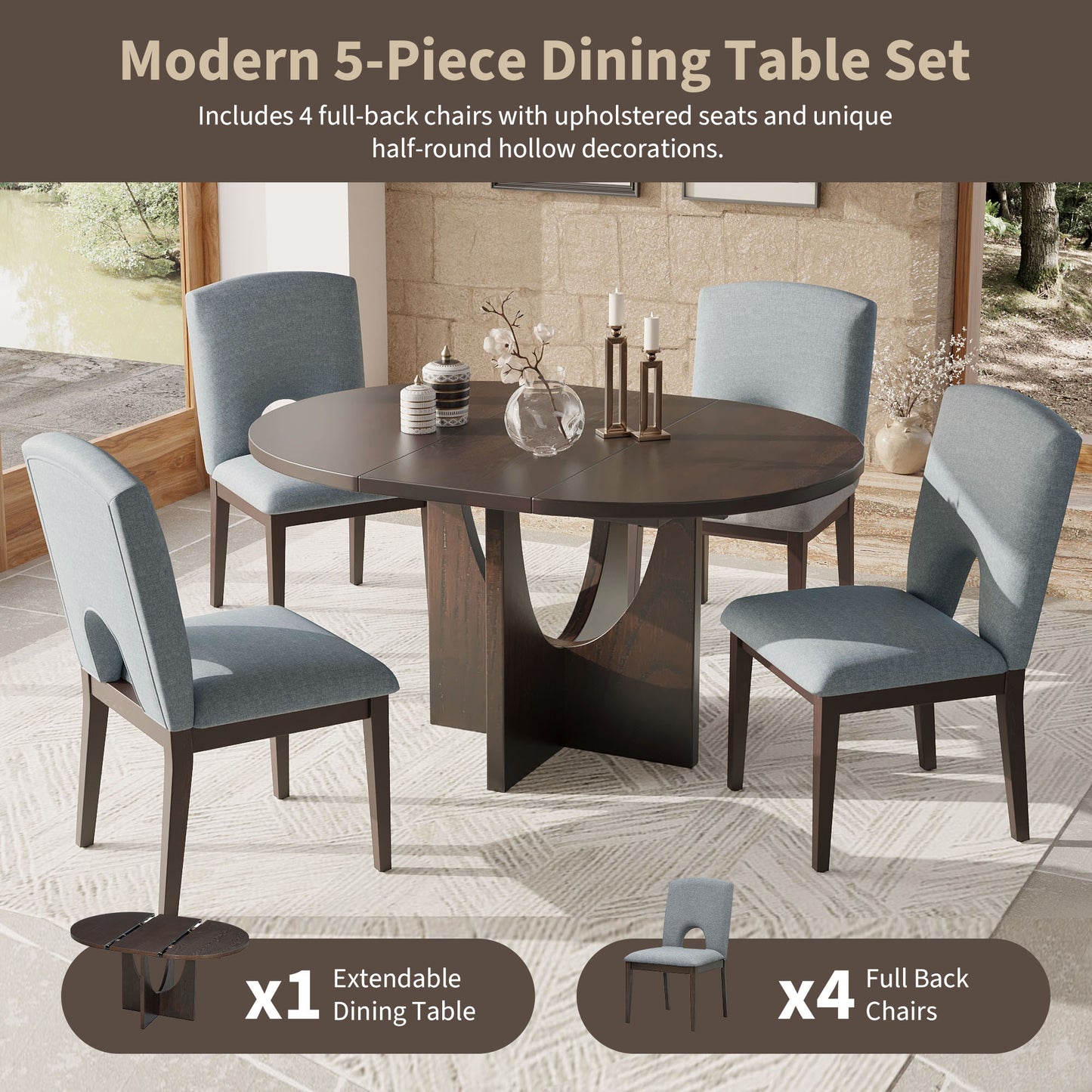 TOPMAX Modern 5-Piece Extendable Round Dining Table Set With 16.2inch Removable Leaf For Small Places, Espresso Old