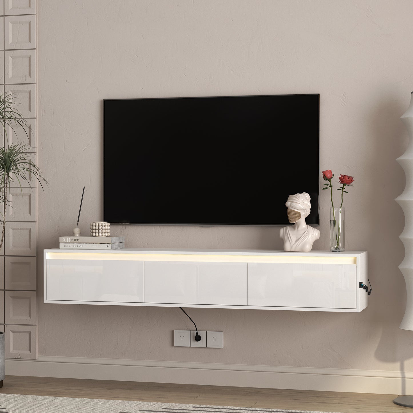 High-gloss Suspended TV Cabinet. Wall Mounted TV Shelf With Led Lights & Power Outlet,H Cabinet For  White Tv Stands For Living Room