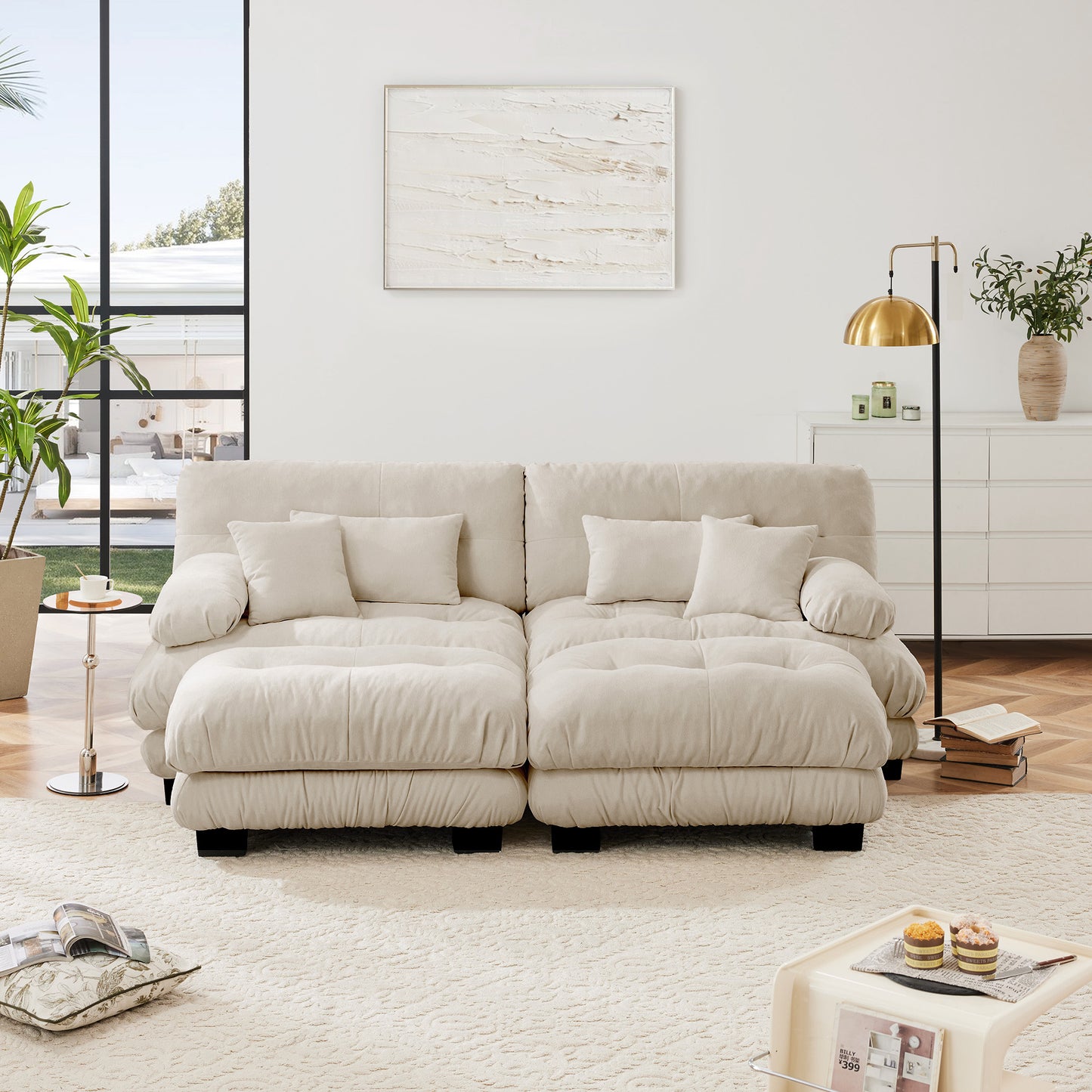 Cloud Couch Sleeper Sofa For Living Room, Chenille 2 Seater Sofa With 2 Lumbar Pillows And 2 Throw Pillows , Upholstered Wide Arm Sofa With 2 Ottomans,Chenille Light Coffee