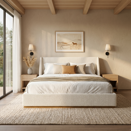 Luxury Upholstered Bed With Wings, White, Queen