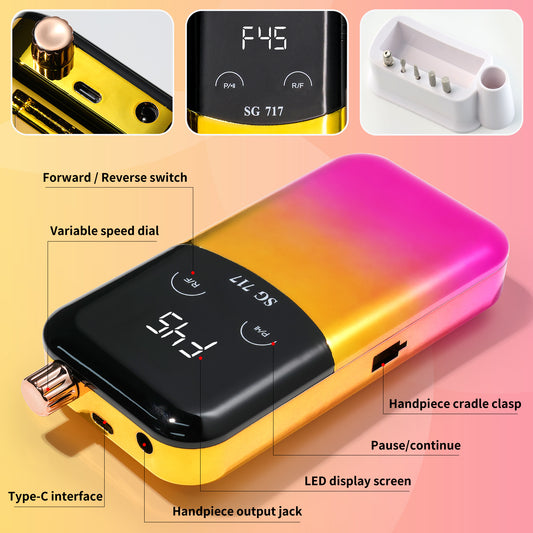 Professional Electric Nail Drill Machine Gradient - Solid Color, 45000RPM Portable Rechargeable Efile Nail Drill Cordless,Electric Nail File Kit For Women