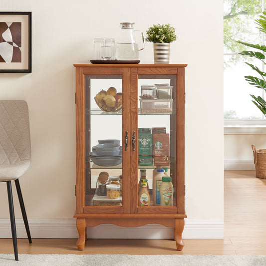 2 Doors Curio Cabinet With Tempered Glass Doors, Curio Cabinets With Mirrored Back Panel And Adjustable Shelves, Lighted Display Cabinet For Home, Office Light Bulb Included Oak