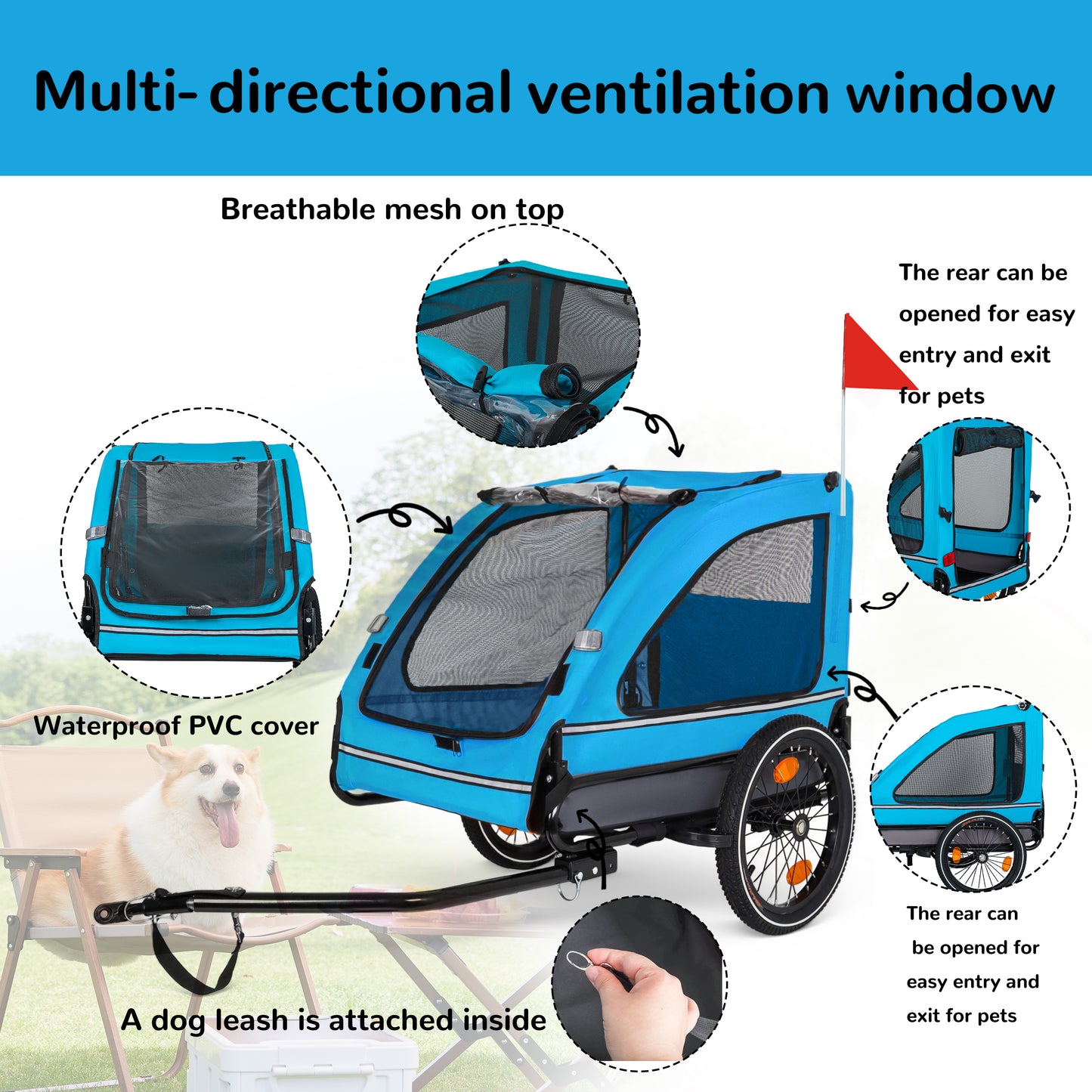 Pet Bike Trailer Dog Cart For Bicycle,Suitable For Small And Medium Pets, Easy Folding Cart Frame, Quick Release Wheel, Non-Slip Floor, Internal Leash, Blue Grey