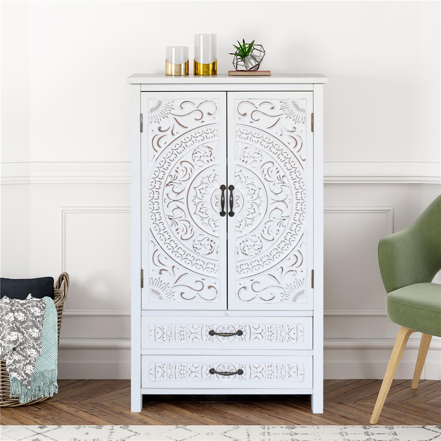27  Accent Tall Tower White Storage Cabinet - Rustic Wood Sideboard Pantry Cabinet - Versatile Buffet Cabinet With Storage For Home Decor And Organization Chic Cabinet With Two Doors And Two Drawers