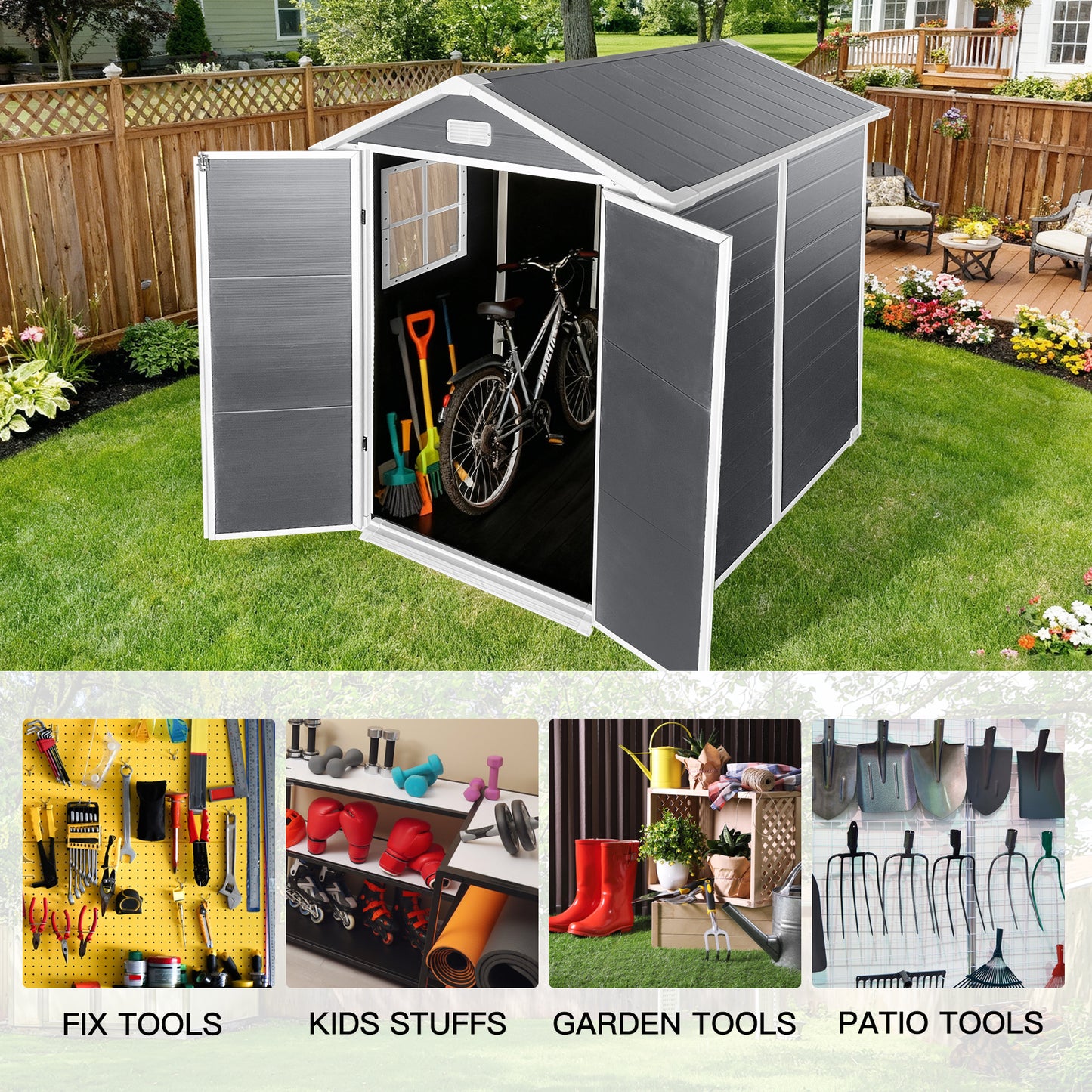 6x6 Ft Plastic Outdoor Storage With Floor And Lockable Door Plastic Garden Shed For Backyard, Lawn, Gray