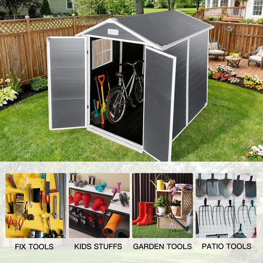 6x6 Ft Plastic Outdoor Storage With Floor And Lockable Door Plastic Garden Shed For Backyard, Lawn, Gray