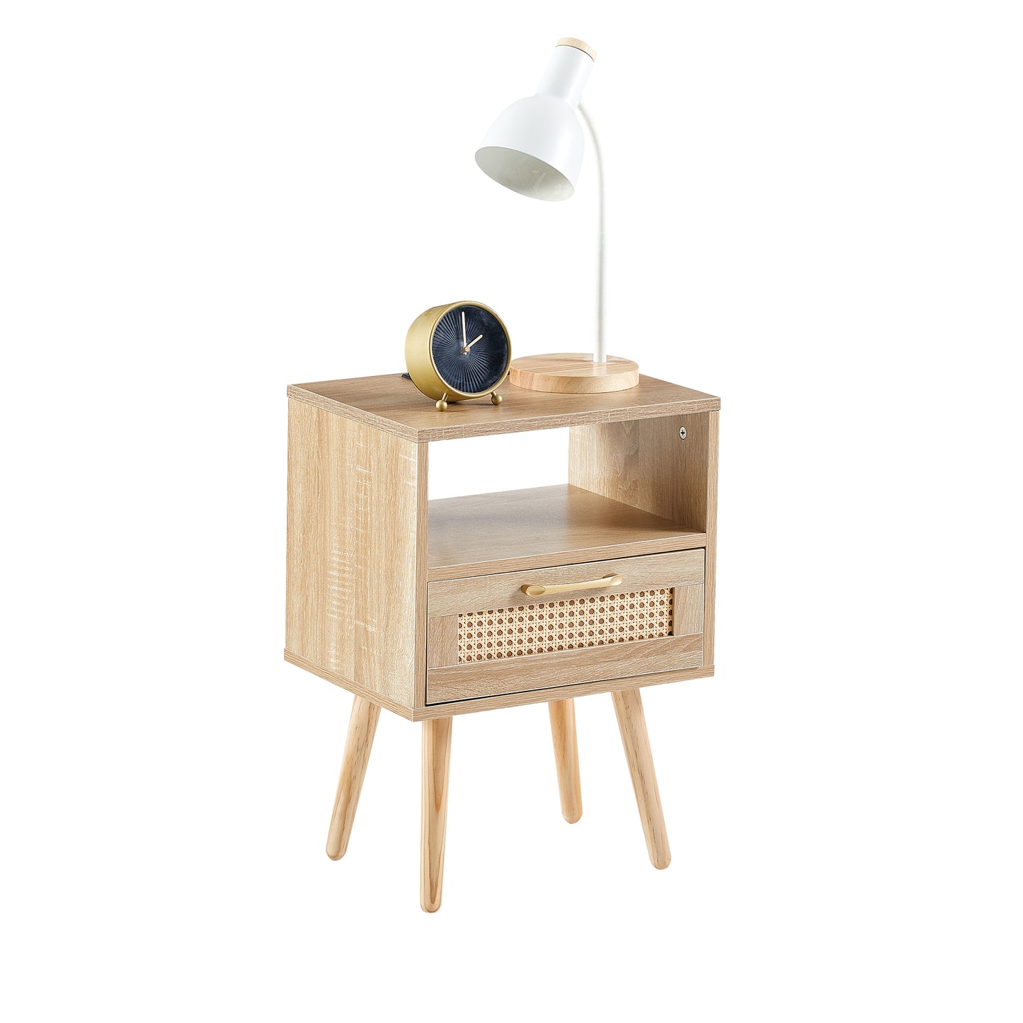 15.75  Rattan End Table With Power Outlet  & USB Ports , Modern Nightstand With Drawer And Solid Wood Legs, Side Table For Living Room, Bedroom,natural