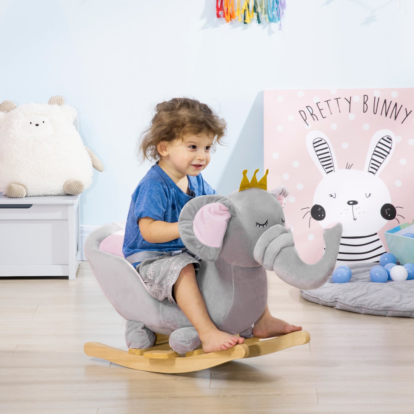 Baby Rocking Horse Elephant Rocking Chair Toddler Rocker Toy With Sound Wooden Base Seat Safety Belt For 1.5-3 Year Old, Gray