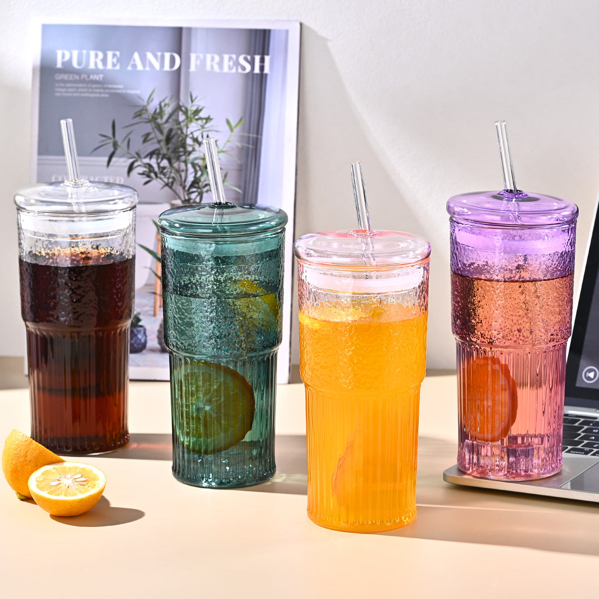 20 Oz 2-pack Green Glass Straw Cup With Vertical Pattern Cup And Lid, High Borosilicate Heat-resistant Glass Cup For Juice, Milk And Cold Drinks