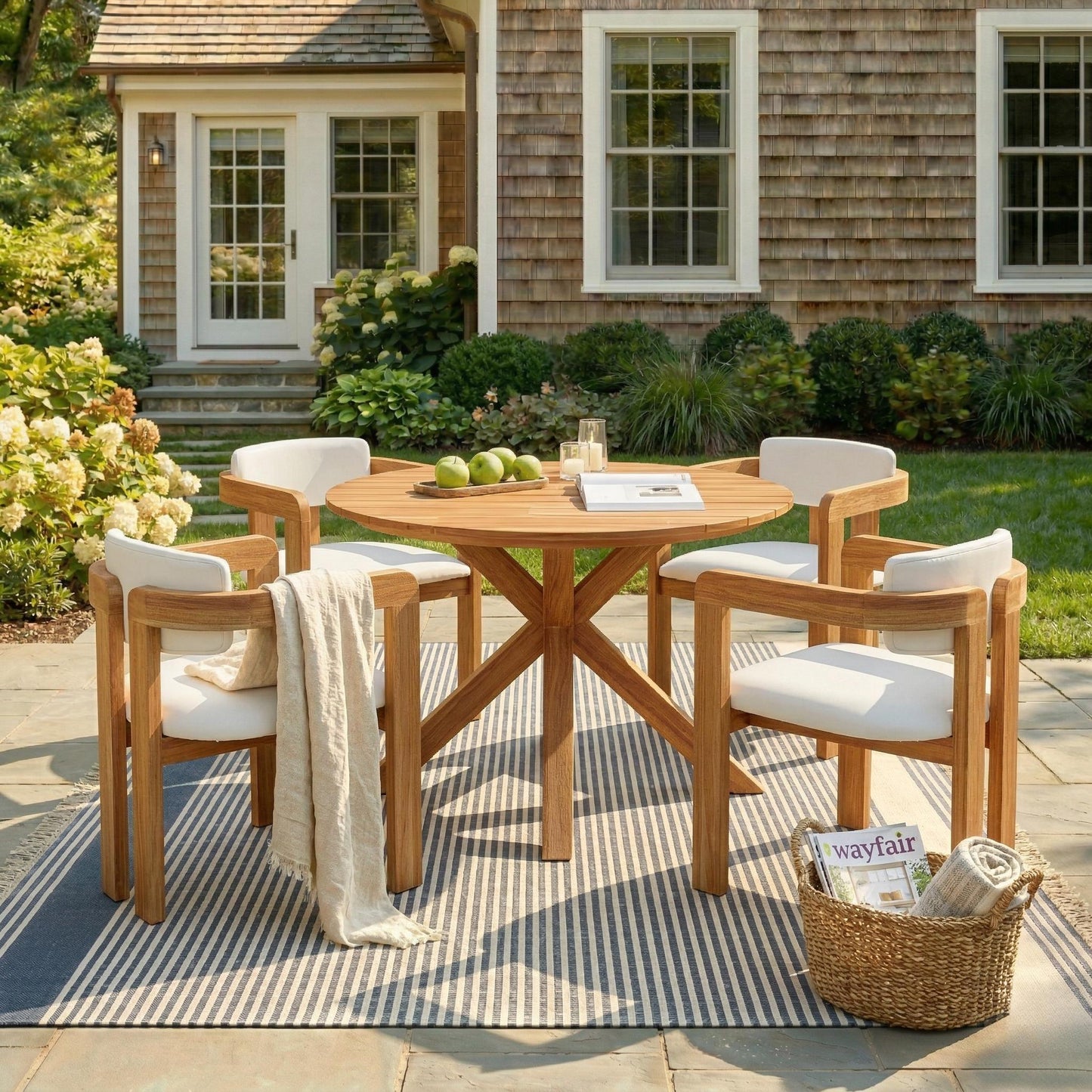 5-Piece Outdoor Acacia Wood Round Dining Set, Solid Wood Patio Table With 4 Barrel Chairs, Cushioned Seats & Backs, Modern Garden Conversation Set, Beige Cushion