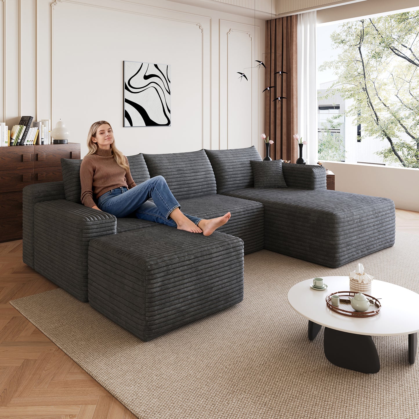 95  Cloud Sectional Sofa With 1 Ottoman,Modern Minimalist Upholstered Couches, Comfort U Shaped Sofa For Living Room,Deep Seat Corner Couch,No Assembly Required,Dark Grey  Plush Corduroy Fabric