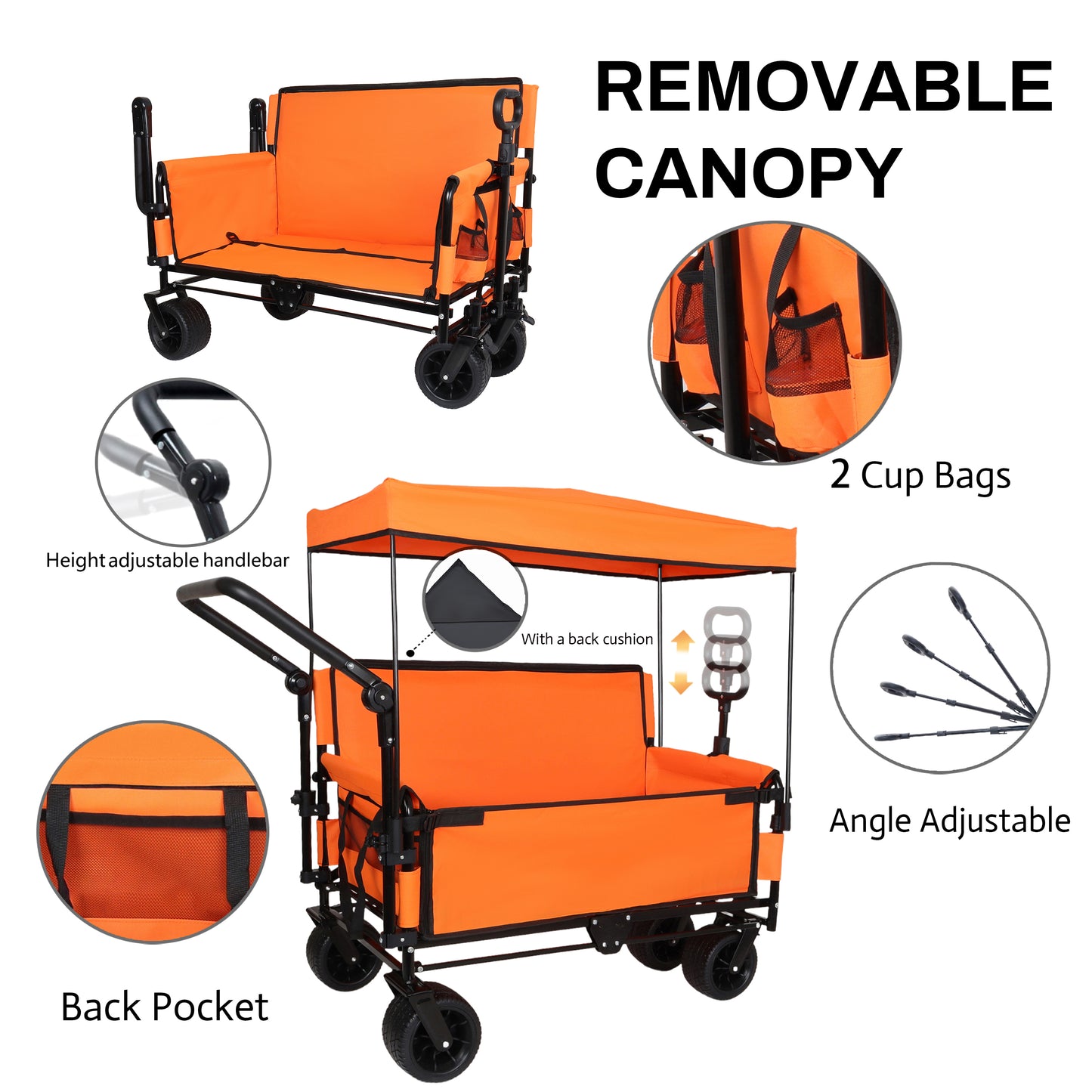3- In- 1 Folding Wagon Cart With Bench Seat & Canopy & Storage  500lbs Heavy- Duty  180L Capacity  All- Terrain Wagon For Camping  Beach  Sports  & Garden  Orange