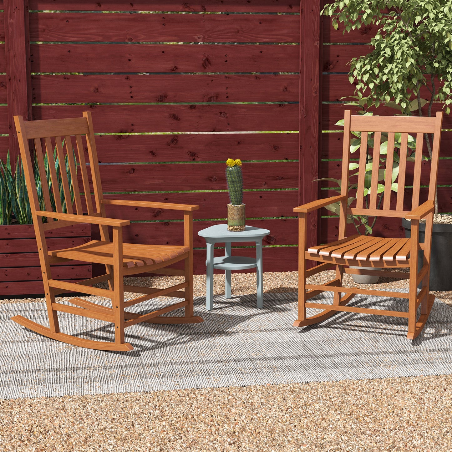 Outdoor Rocking Chair Set Of 2, Patio Wooden Rocking Chair With Smooth Armrests, High Back For Garden, Balcony, Porch, Supports Up To 352 Lbs, Teak