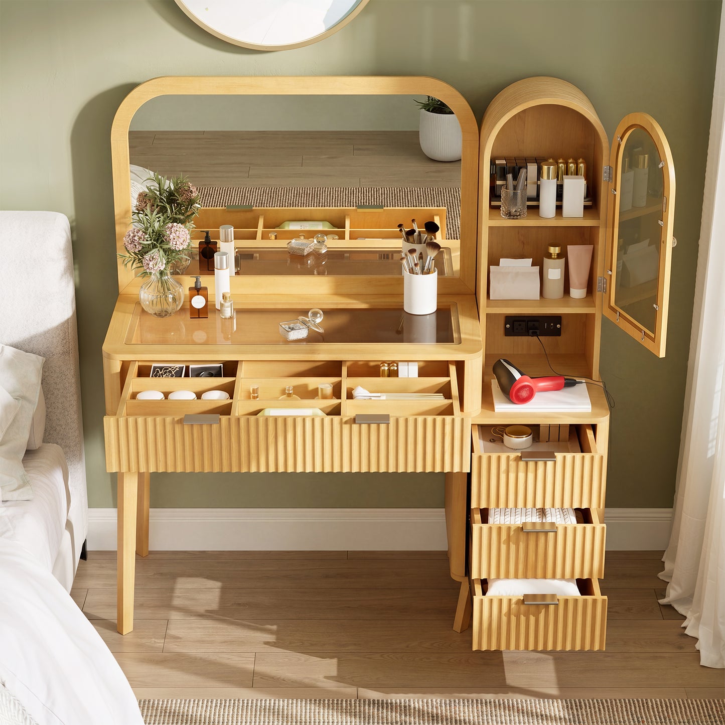 48 Fluted Makeup Vanity Desk With Large 32  Mirror, Modern Glass Top Big Vanity Table With 4 Drawers & Storage Cabinet, Dressing Table Set W Charging Station For Bedroom, Natural