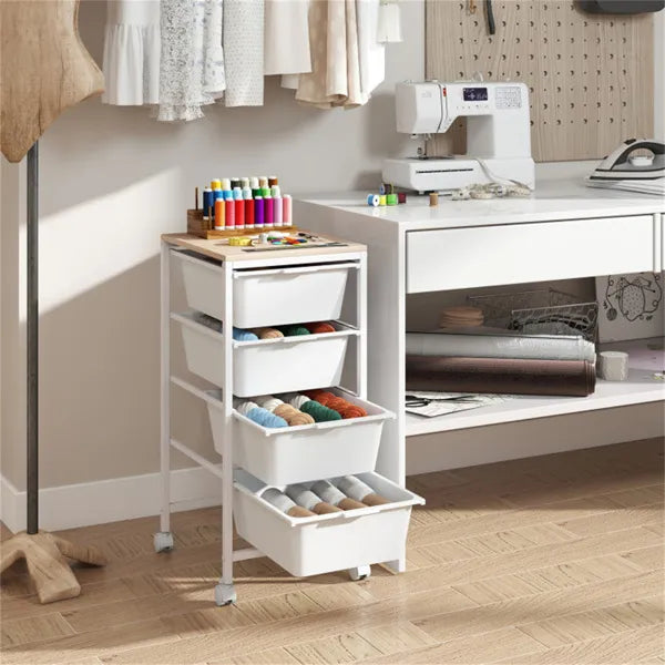 4-Drawer Rolling Storage Cart, Mobile Utility Organizer With MDF Wooden Top (Natural)