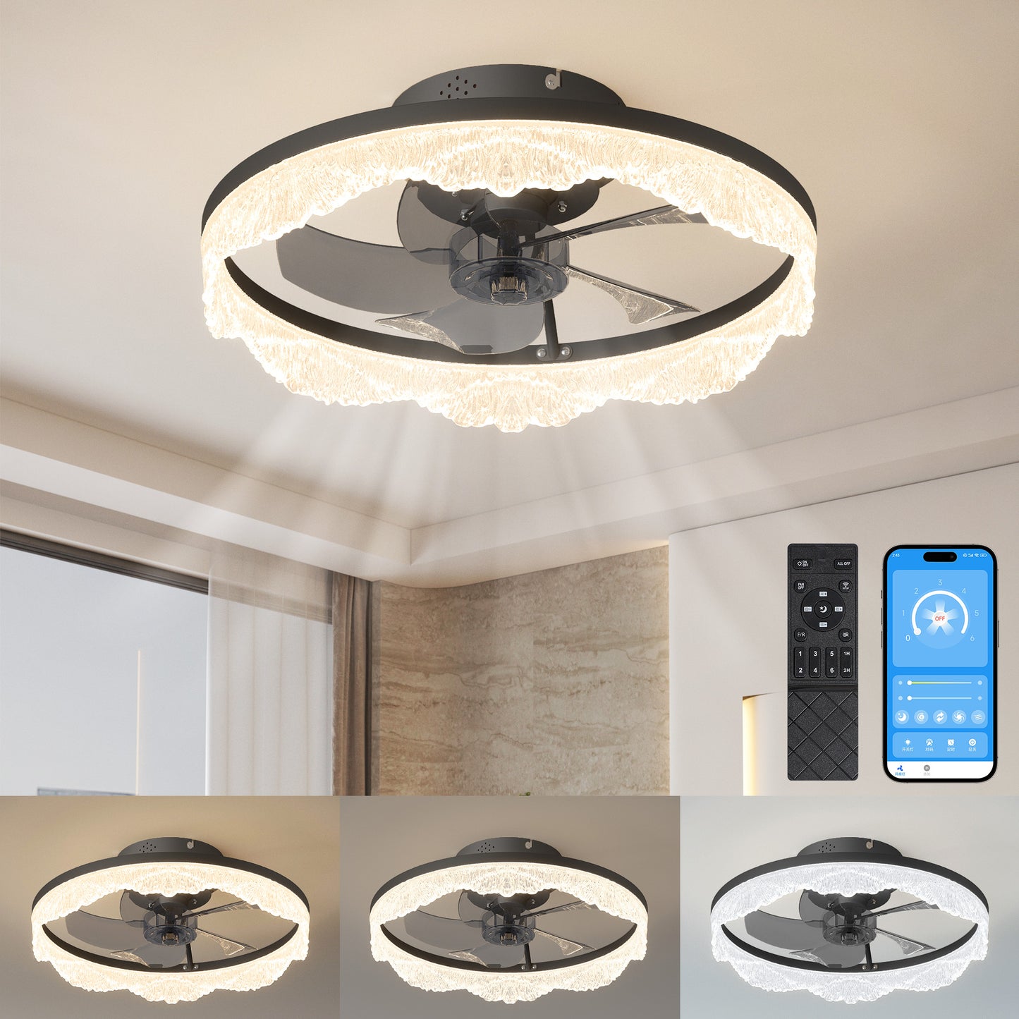 16 Decorative LED Ceiling Fan Light  Modern Flush Mount With Crystal-Inspired Acrylic Ring, Hidden Blades, Remote Control, And Dimmable Light For Stylish Homes  Black