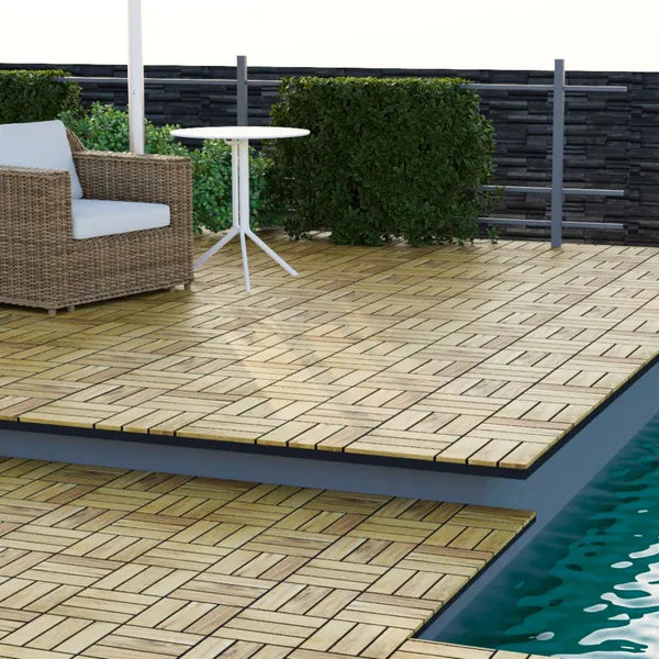 10 PCS Interlocking Deck Tiles Checker Pattern, 12' X 12' Square Yellow Acacia Hardwood Outdoor Flooring For Patio, Bancony, Pool Side