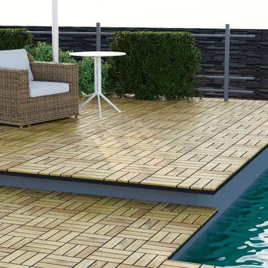 10 PCS Interlocking Deck Tiles Checker Pattern, 12' X 12' Square Yellow Acacia Hardwood Outdoor Flooring For Patio, Bancony, Pool Side