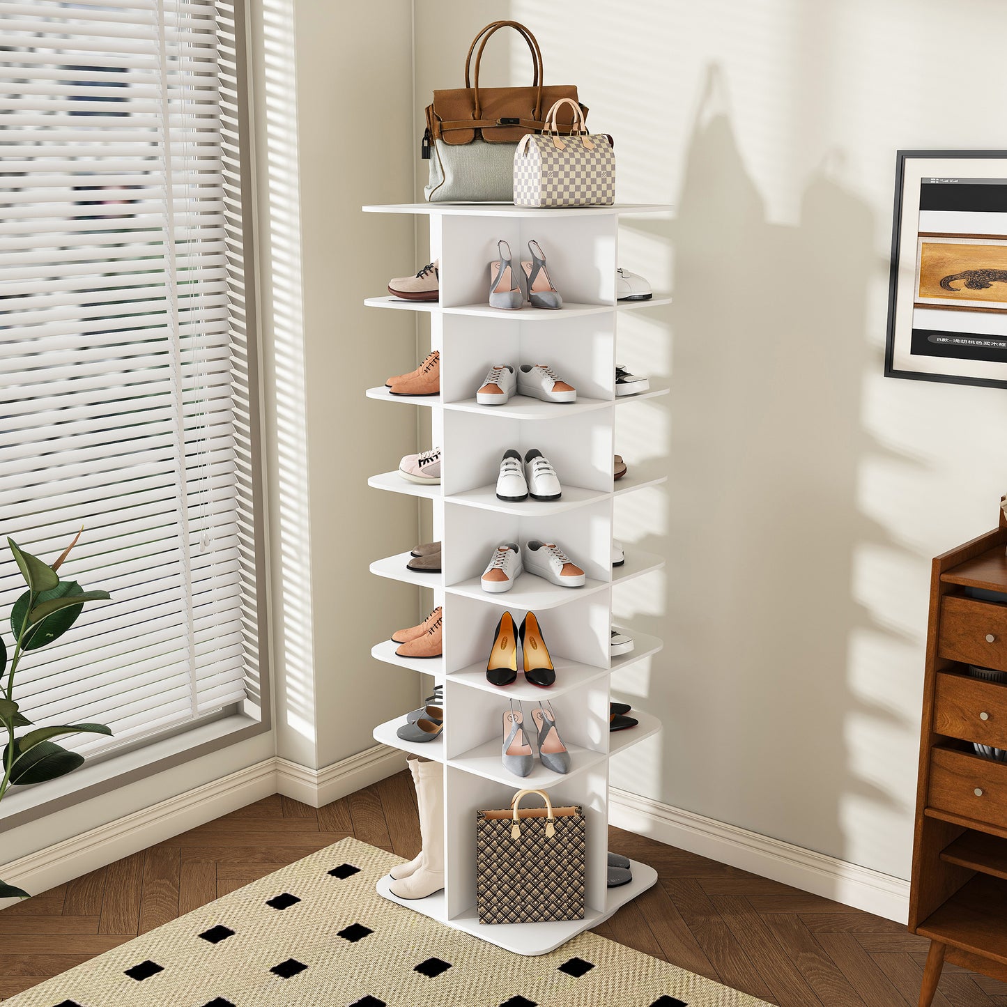 Rotating Shoe Rack Tower, 7-Tier Spinning Shoe Rack, Free Standing 360 Revolving Shoe Organizer, High Bottom Design Shoe Tower Spinning Storage Lazy Susany, Fits 28 Pairs Of Shoes  7-Tier White