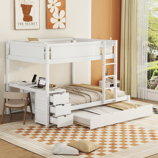 Full-Over-Full Bunk Bed With Twin Size Trundle, Storage And Desk, White