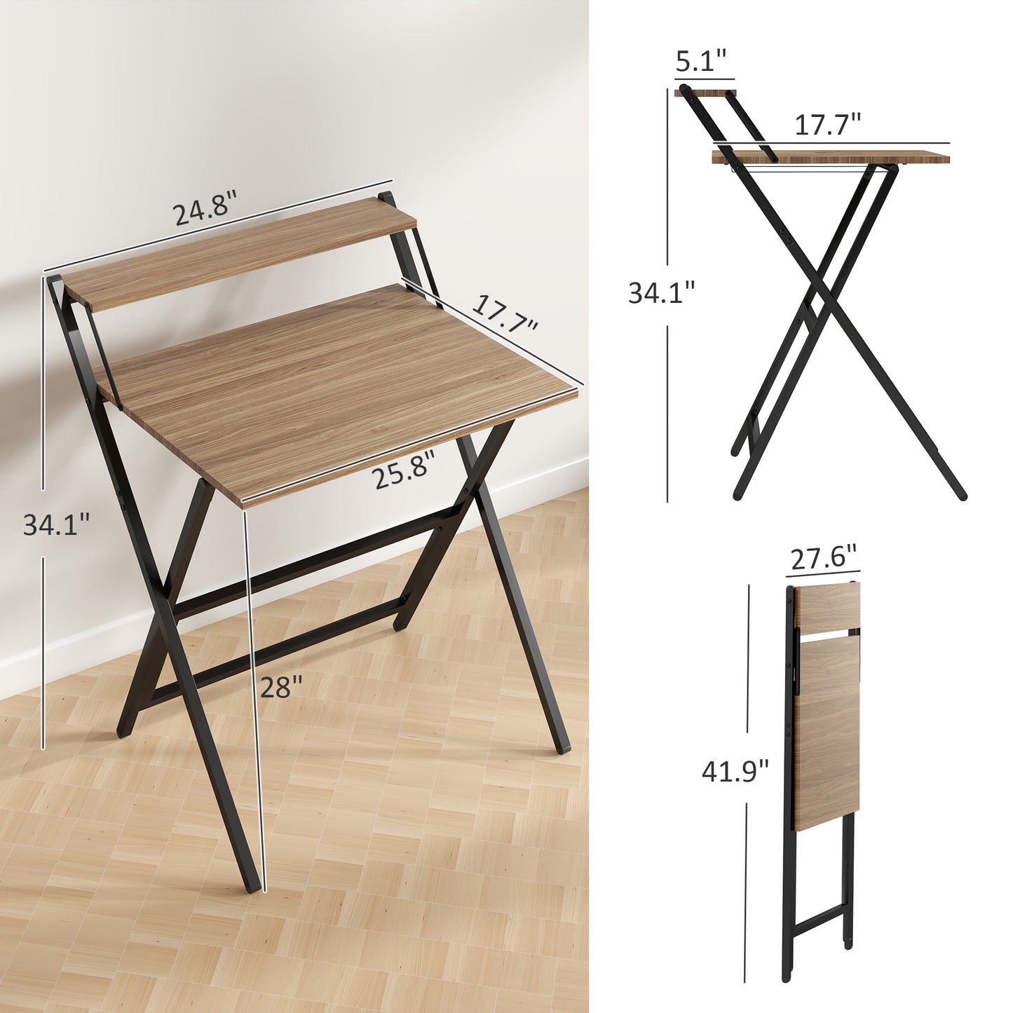 Folding Computer Desk, 27.6" Foldable Desk With Monitor Shelf For Small Space, Home Office, Study, Easy Assembly, Walnut