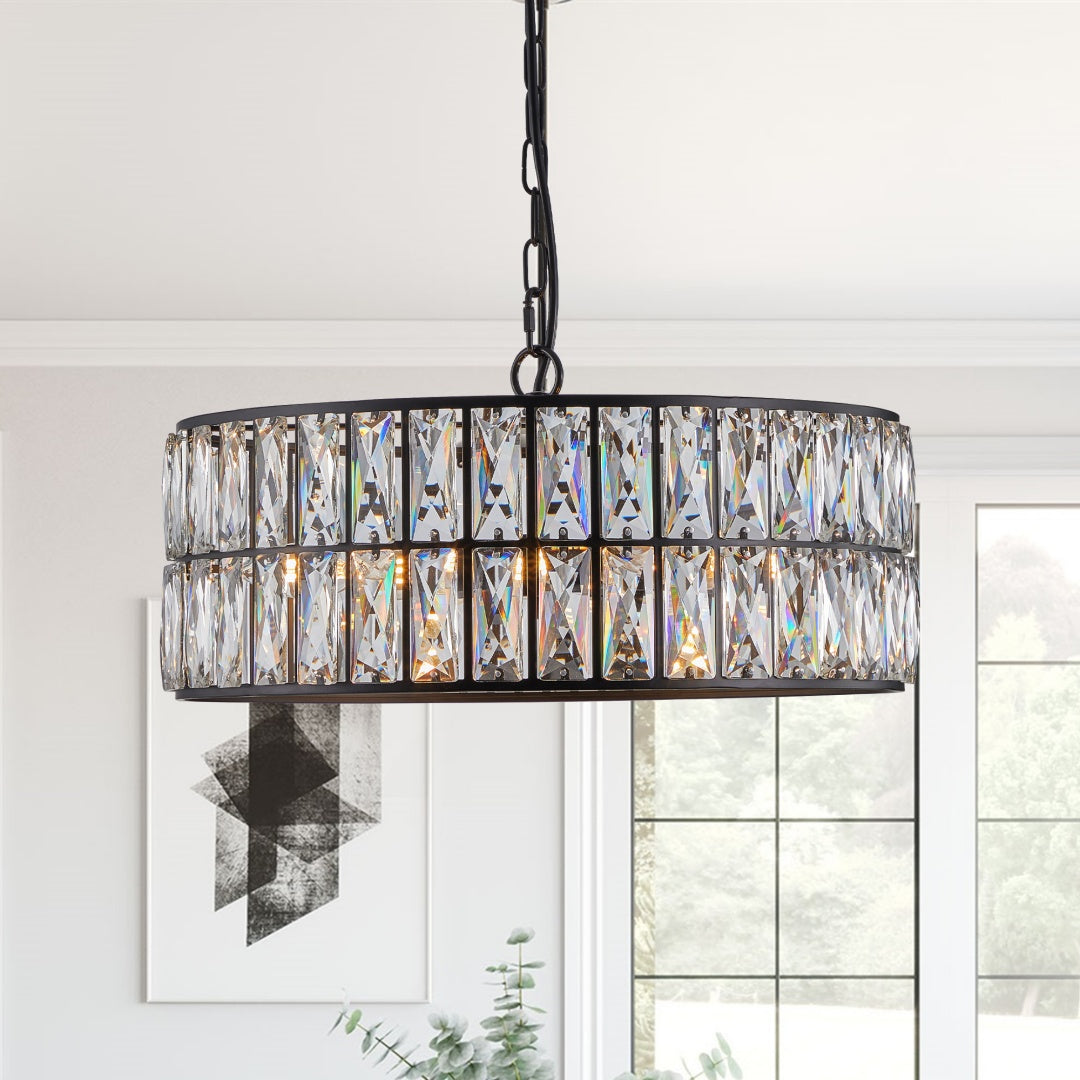 18  Black Modern Crystal Drum Chandelier, 6-Light Pendant Lighting Fixture With Metal Frame For Living Room, Dining Room, And Bedroom  Bulbs Not Included