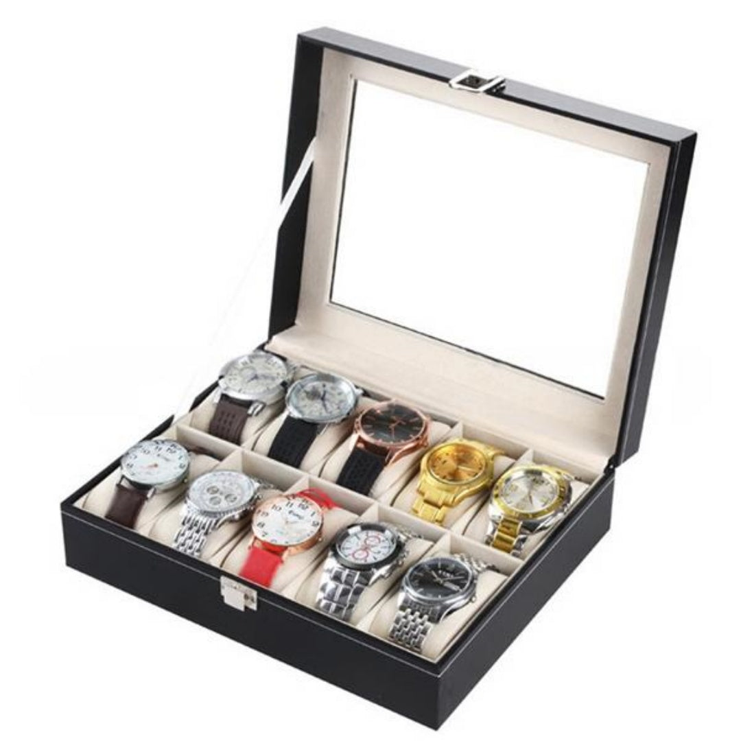 10 Compartments High-grade Leather Watch  Storage Box Black