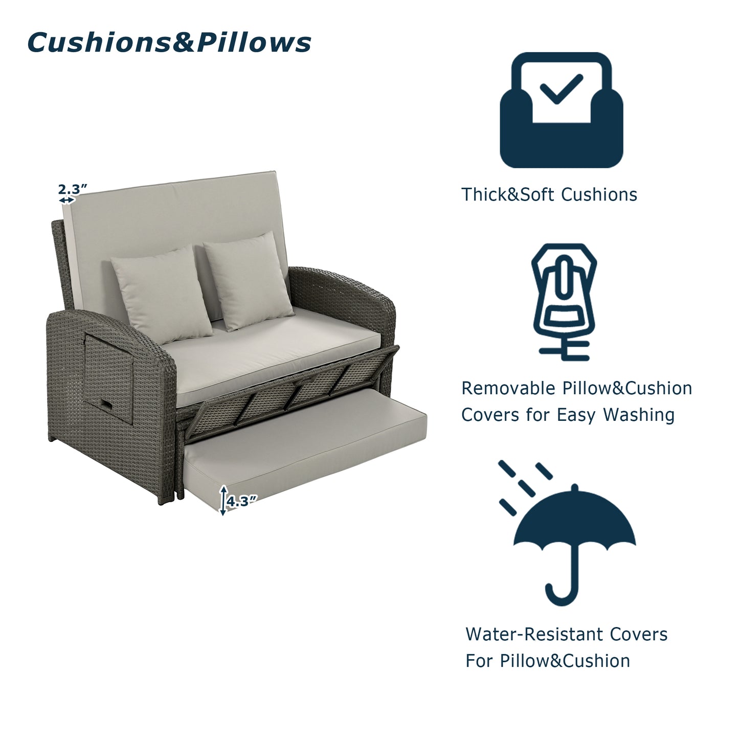TOPMAX PE Wicker Rattan Double Chaise Lounge, 2-Person Reclining Daybed With Adjustable Back And Cushions, Free Furniture Protection Cover,Gray