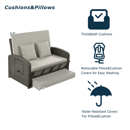 TOPMAX PE Wicker Rattan Double Chaise Lounge, 2-Person Reclining Daybed With Adjustable Back And Cushions, Free Furniture Protection Cover,Gray