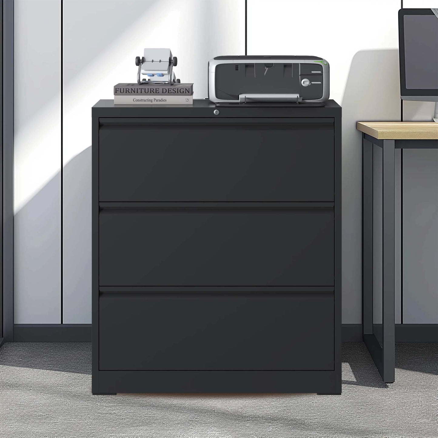 Lateral File Cabinet 3 Drawer, Black Filing Cabinet With Lock, Lockable File Cabinet For Home Office, Locking Metal File Cabinet For Legal Letter A4 F4 Size