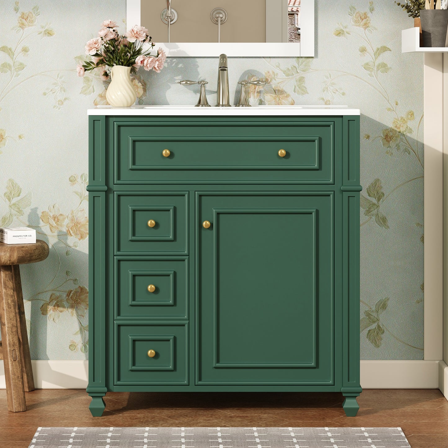 Bathroom Vanity Cabinet With Ceramic Sink Basin, 30 Inch, Storage Cabinet With Soft Close Doors And Door Organizer