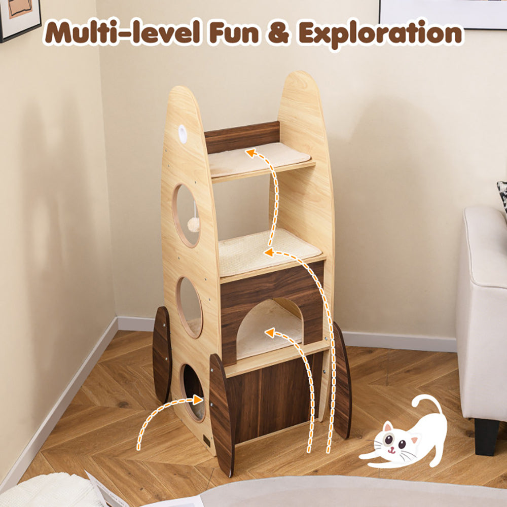 Rocket Cat Tree 47 Inch Large Wooden Cat Tower For Indoor Cats Sisal Scratching Pad Detachable Scratching Mat