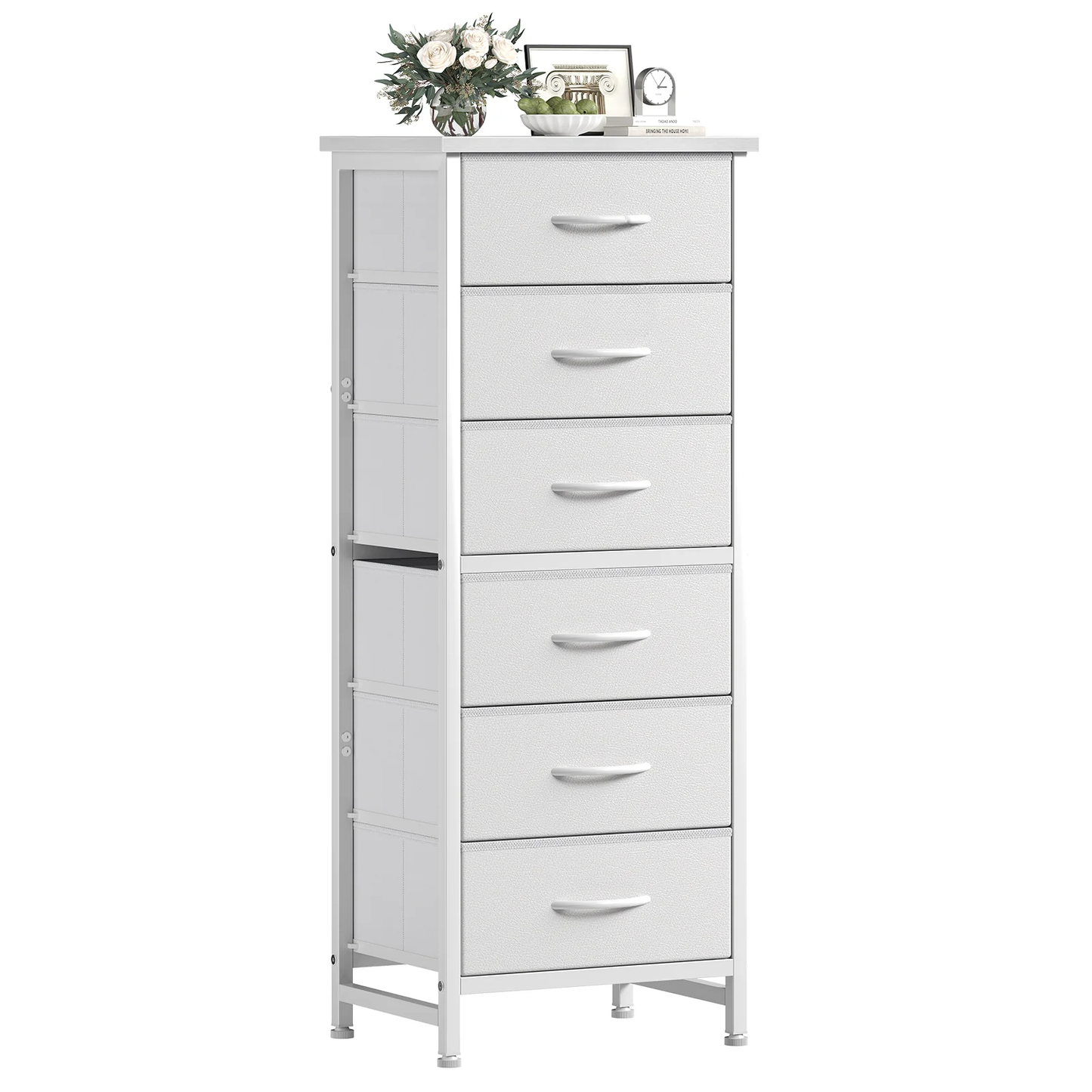 High Cabinet-style Storage Cabinet, Equipped With 6 Fabric Drawers, Metal Frame With Cross-bracing Rods, Anti-toppling Design, And Wooden Tabletop