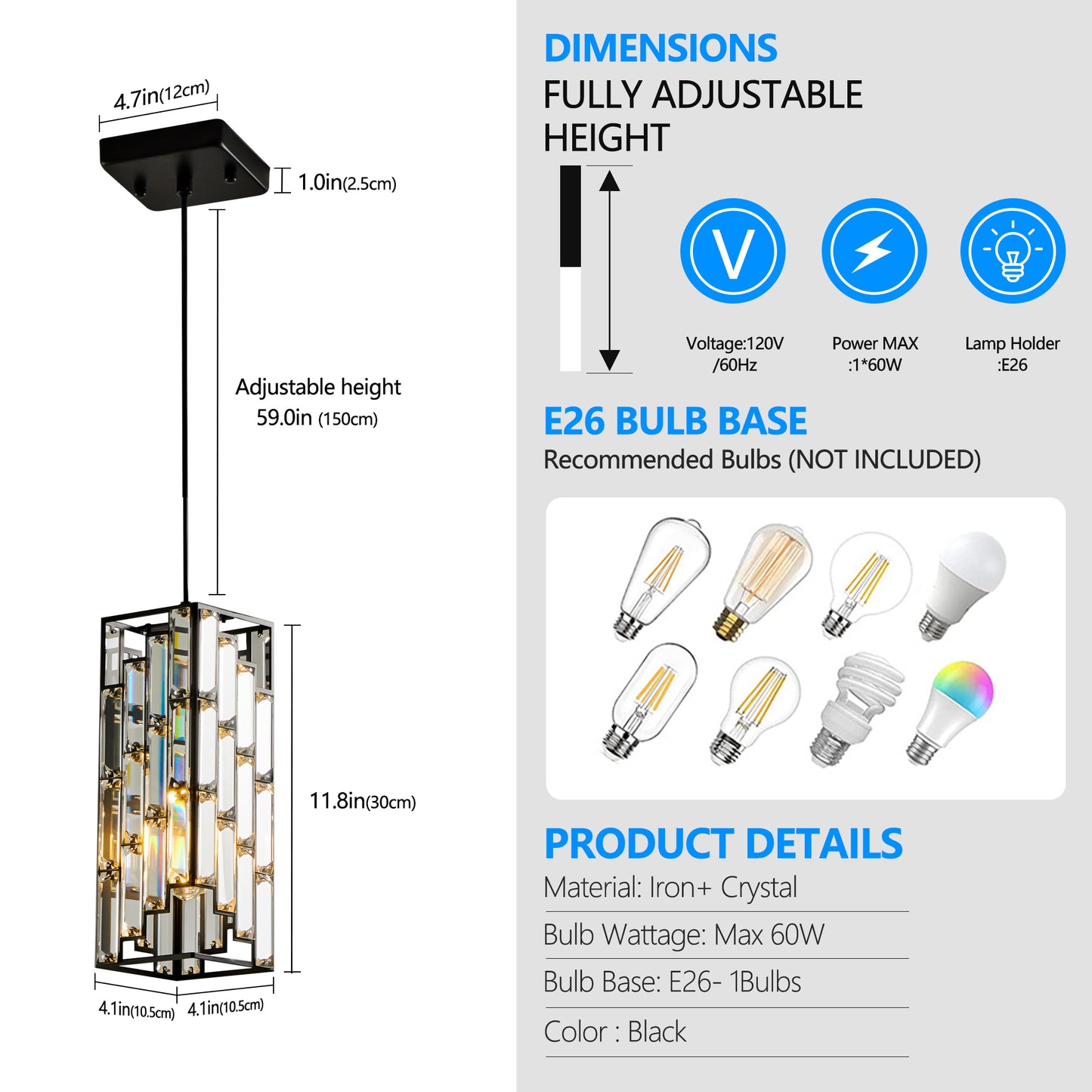 4in Modern Crystal Pendant Light - 3 Pack, Adjustable Hanging Ceiling Lamp With Crystal Prism Design For Dining Room, Kitchen Island, And Living Room -Black Finish