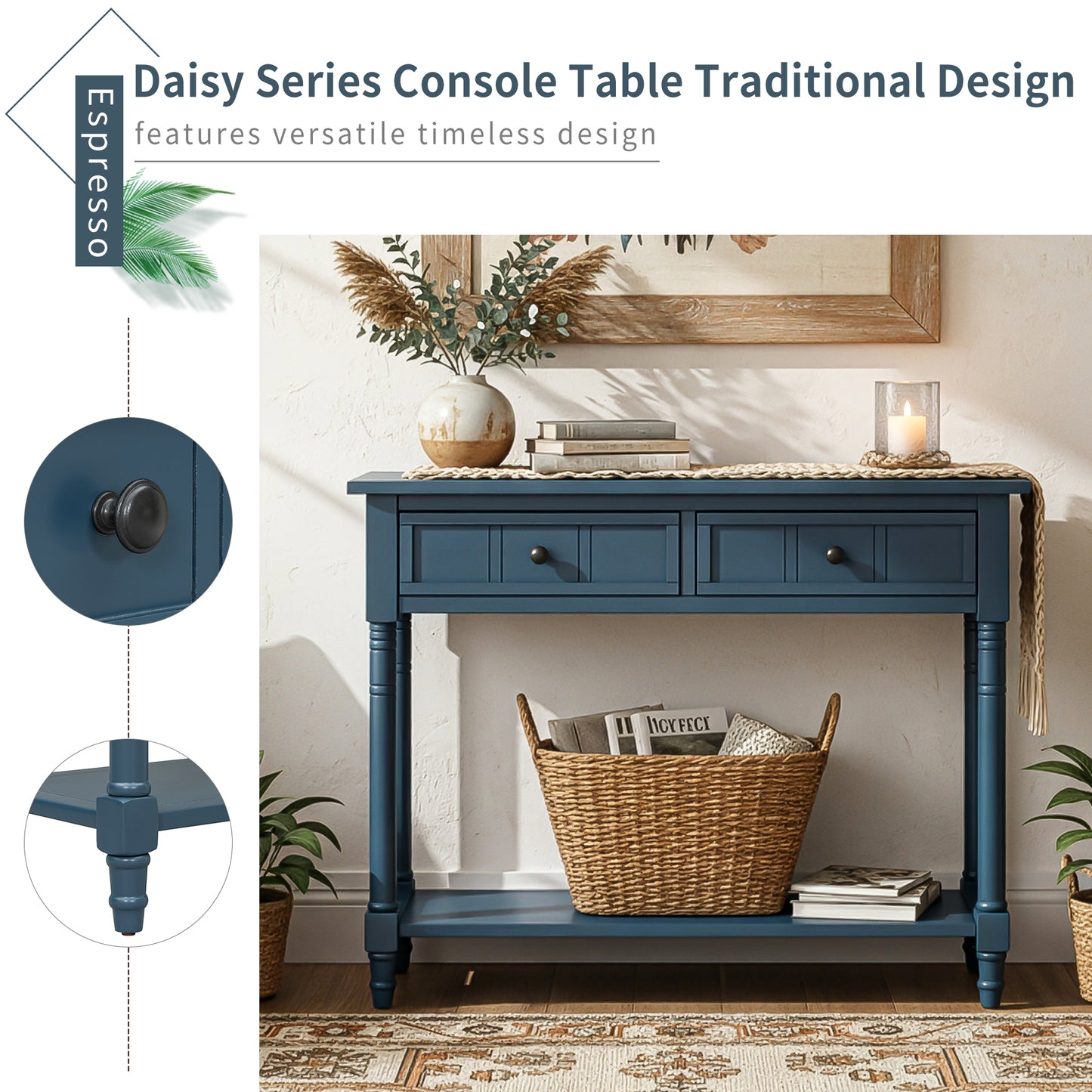 TREXM Daisy Series Console Table Traditional Design With Two Drawers And Bottom Shelf  Dark Navy