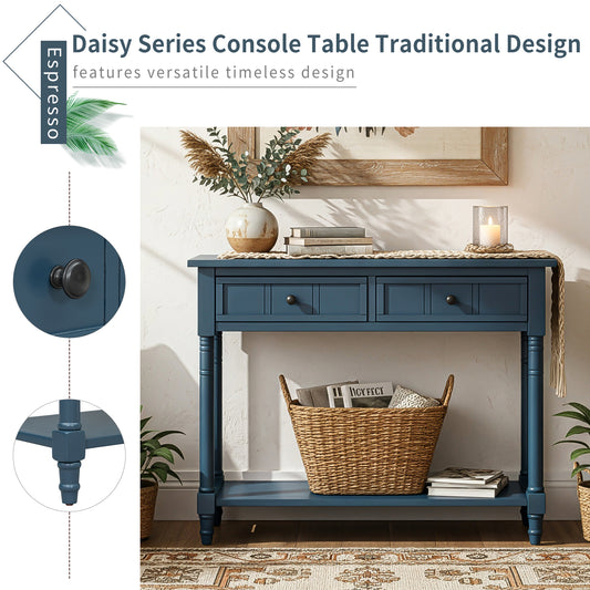 TREXM Daisy Series Console Table Traditional Design With Two Drawers And Bottom Shelf  Dark Navy
