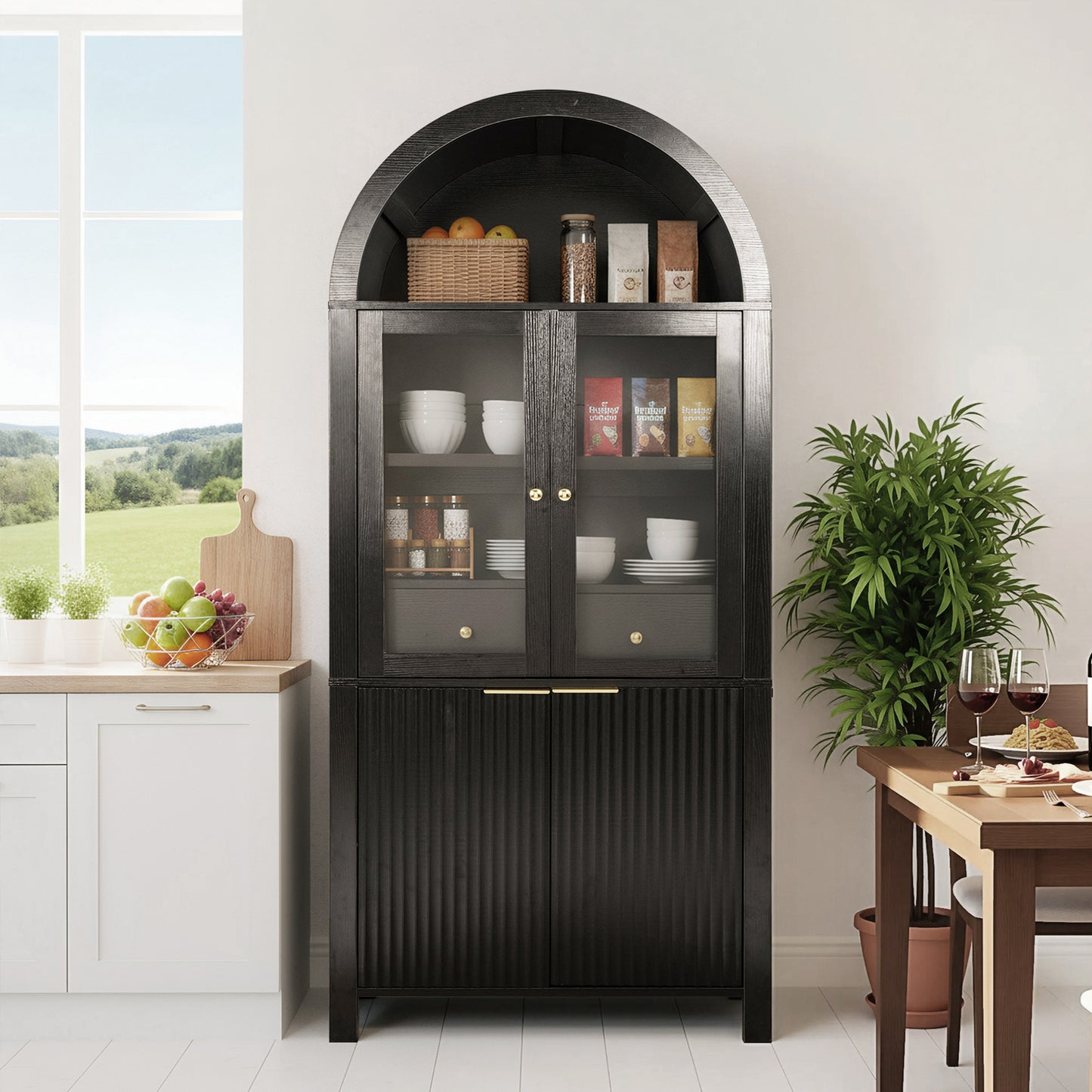 71  Fluted Tall Arched Pantry Cabinet With Adjustable Shelves, Elegant Display Storage With Hidden Drawer & Glass Door For Kitchen, Living Room, Dining Room, Black
