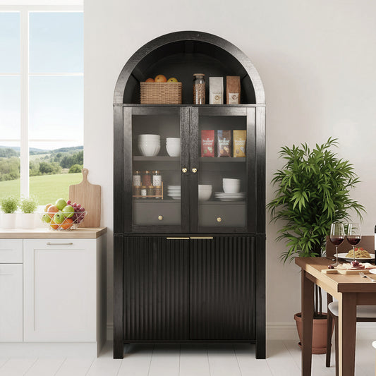 71  Fluted Tall Arched Pantry Cabinet With Adjustable Shelves, Elegant Display Storage With Hidden Drawer & Glass Door For Kitchen, Living Room, Dining Room, Black