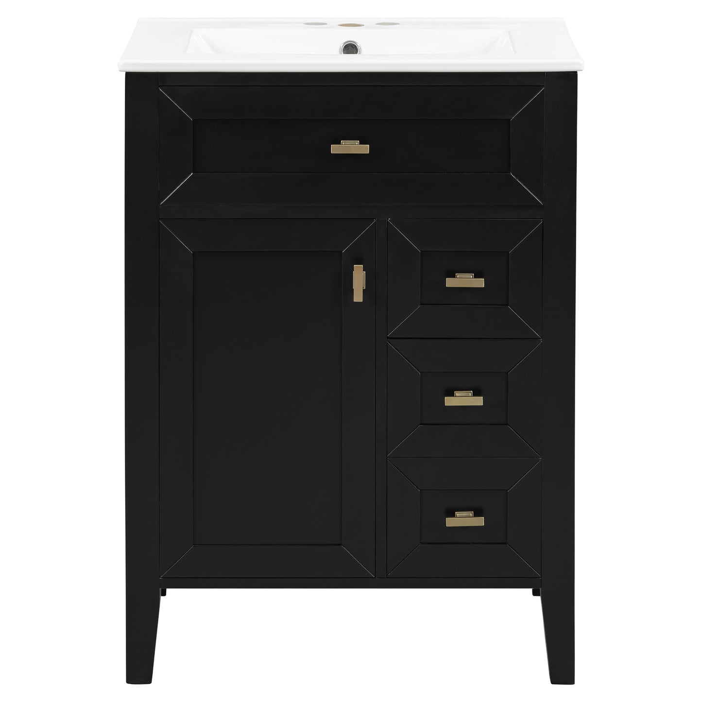 24'' Black Bathroom Vanity With Sink, MDF & Rubberwood Construction, 3 Drawers & Cabinet With 2-Tier Door Storage Rack, Soft-Close Door & Drawers, Modern Design For Small To Medium Bathrooms