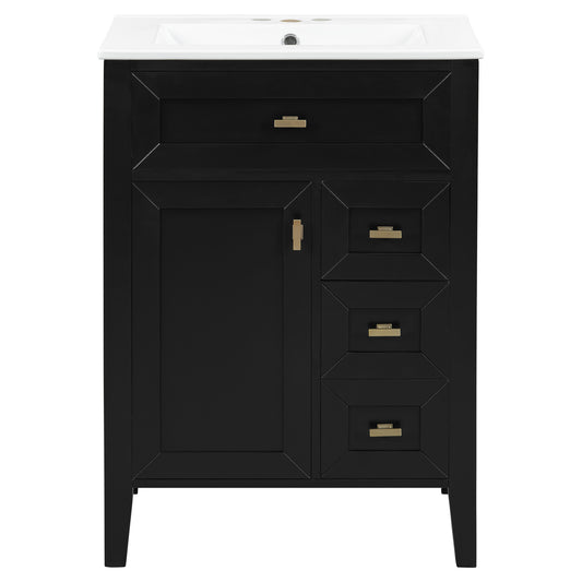 24'' Black Bathroom Vanity With Sink, MDF & Rubberwood Construction, 3 Drawers & Cabinet With 2-Tier Door Storage Rack, Soft-Close Door & Drawers, Modern Design For Small To Medium Bathrooms