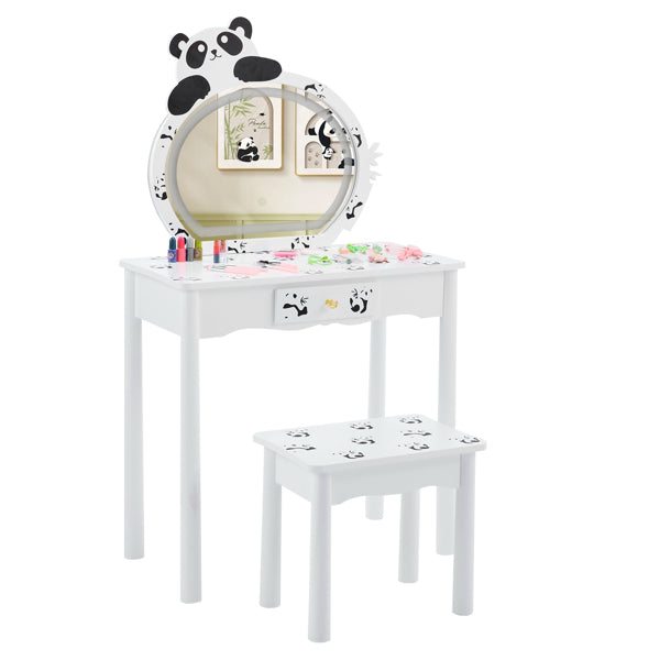 Black And White Panda MDF Painted Finish, Solid Wood Legs, 1-drawer Children's Dressing Table Set, LED Three-color Backlit Touch Switch